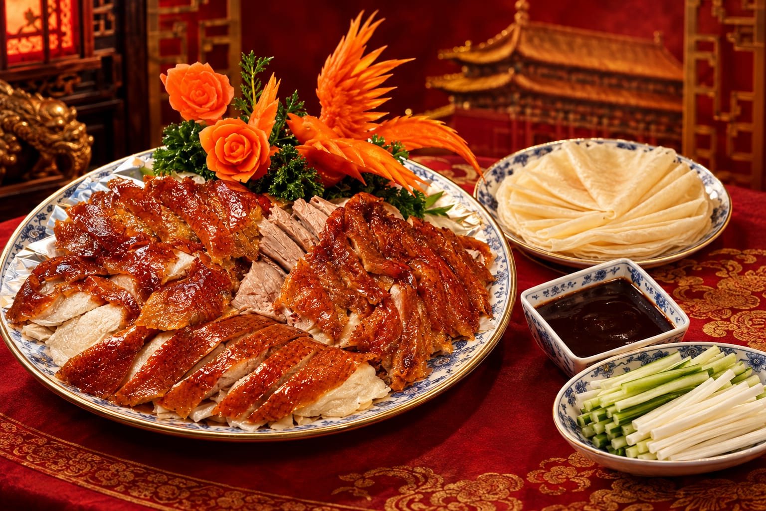 Peking-Ente mit Pfannkuchen und Beilagen im Kaiser Palast